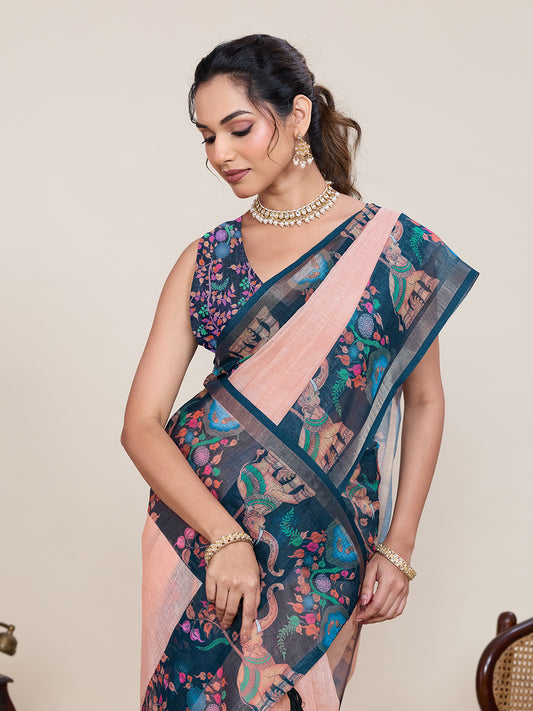 Elegant Navy Peach Saree With Floral Elephant Printed Design