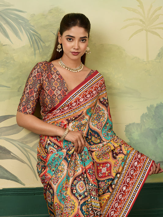 Multicolor Traditional Printed Saree with Ethnic Floral Design
