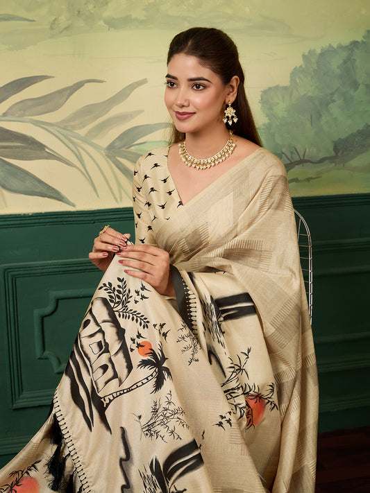Elegant Beige Printed Saree with Artistic Traditional Motifs