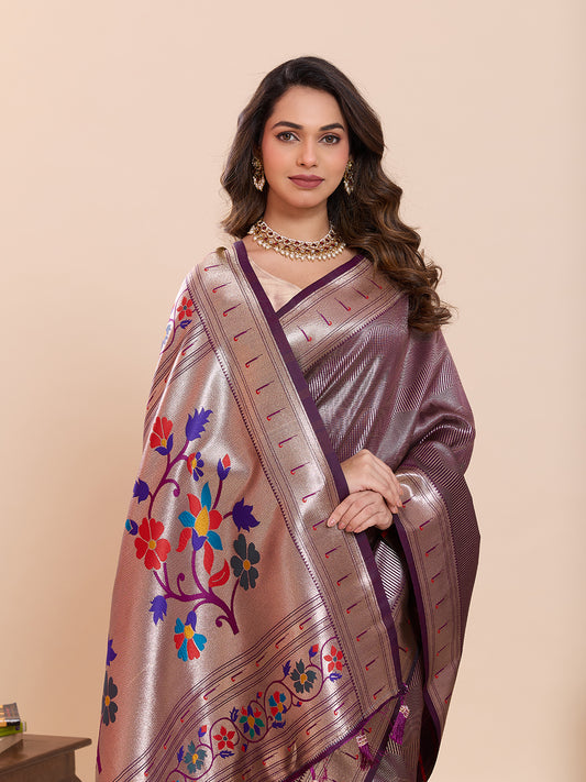 Elegant Purple Floral Woven Border Traditional Festive Saree