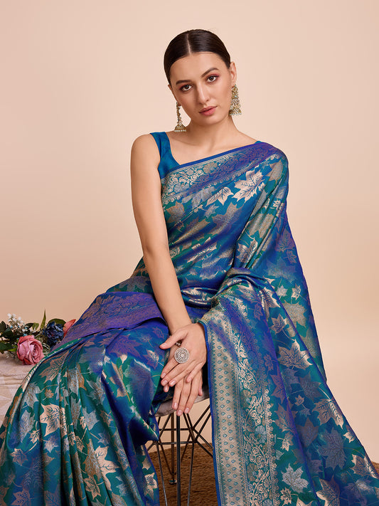 Blue Floral Woven Designer Saree With Traditional Border