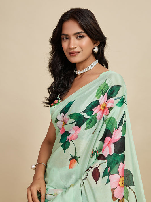 Elegant Mint Green Peacock Floral Printed Designer Saree