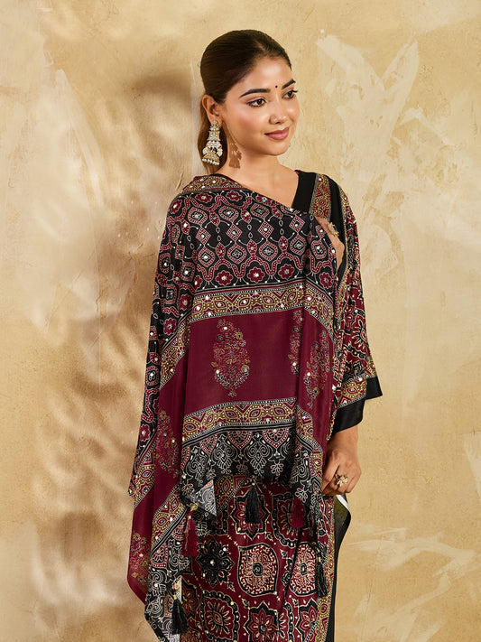 Elegant Black Maroon Printed Saree With Traditional Border