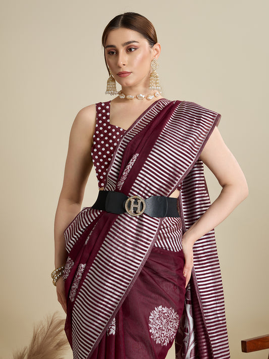 Elegant Maroon Saree With Floral Prints And Striped Border