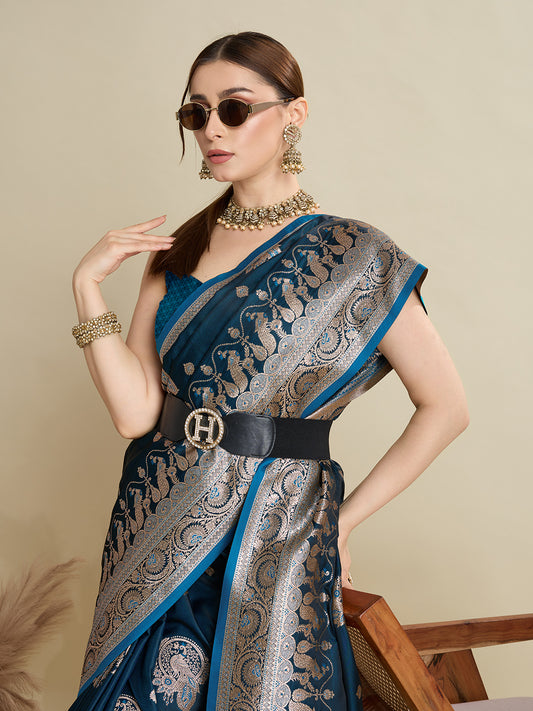 Elegant Navy Blue Peacock Printed Designer Saree for Women