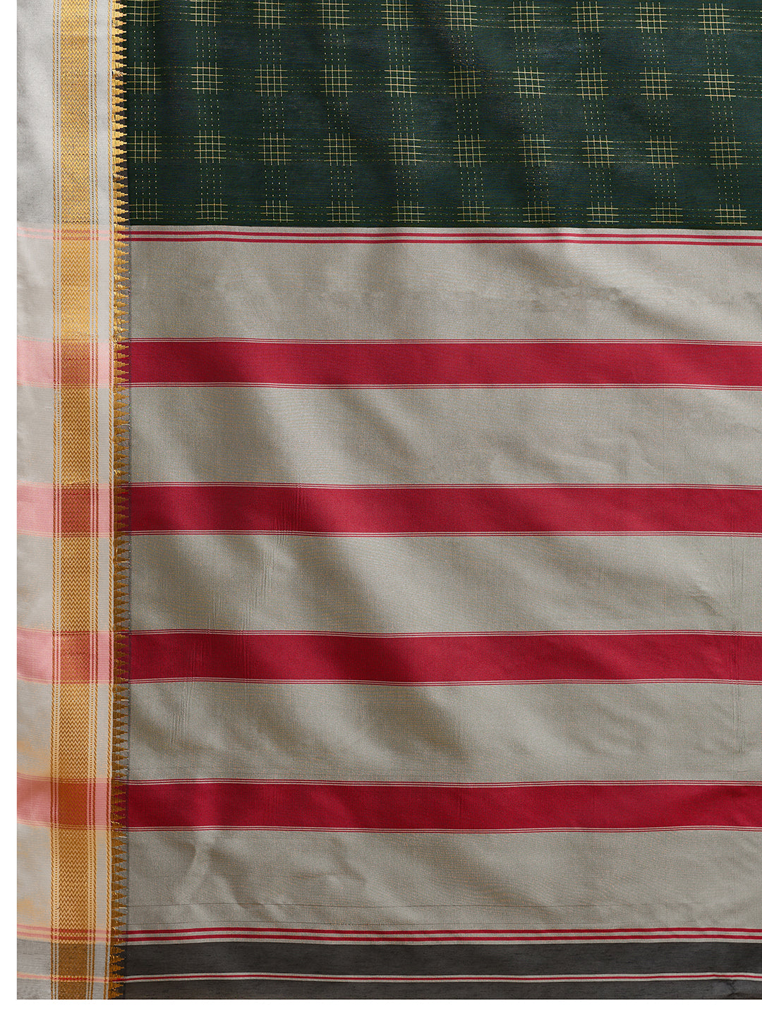 Dark Green Checked Designer Saree With Elegant Contrast Border