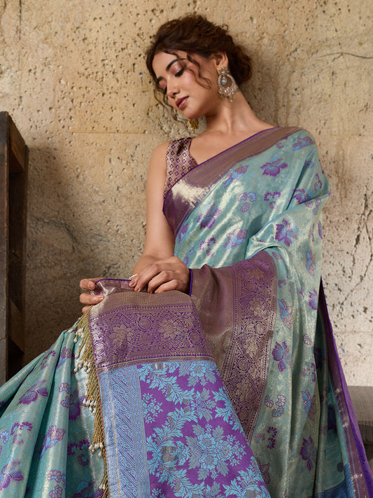 Elegant Mint Green Floral Jacquard Saree With Purple Border