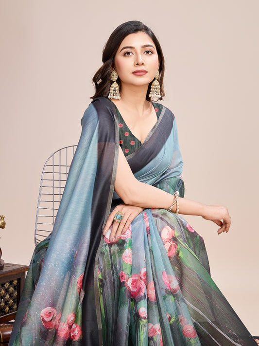 Elegant Grey Blue Saree with Floral Printed Pallu Design