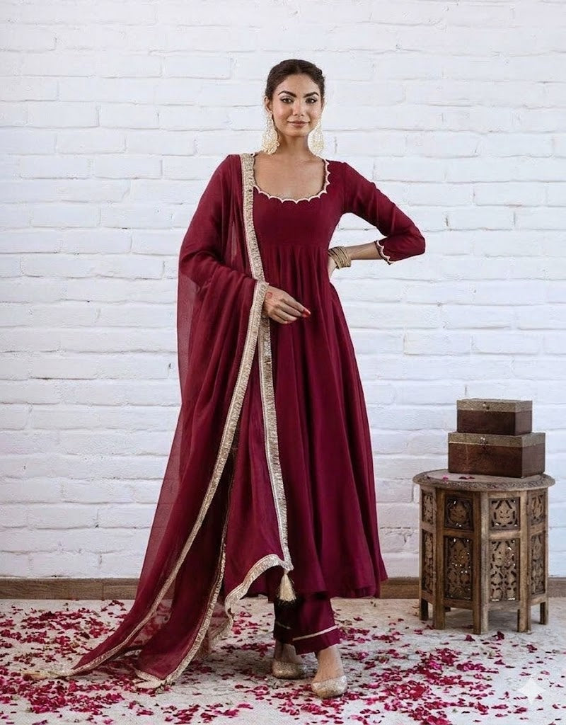Elegant Chanderi Silk Solid Anarkali Festive Suit Set