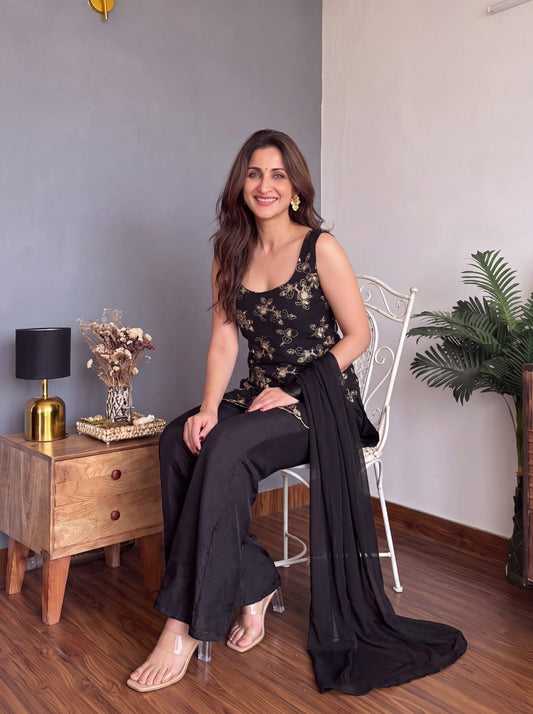 Black Embroidered Kurta Palazzo Set with Dupatta