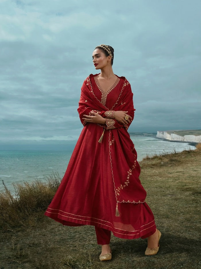 Elegant Red Vichitra Silk Embroidered Festive Suit Set