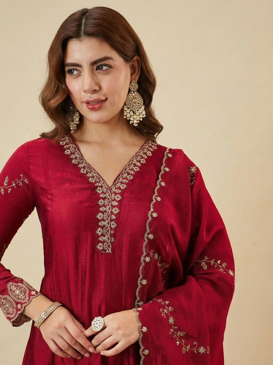 Elegant Red Vichitra Silk Embroidered Festive Suit Set