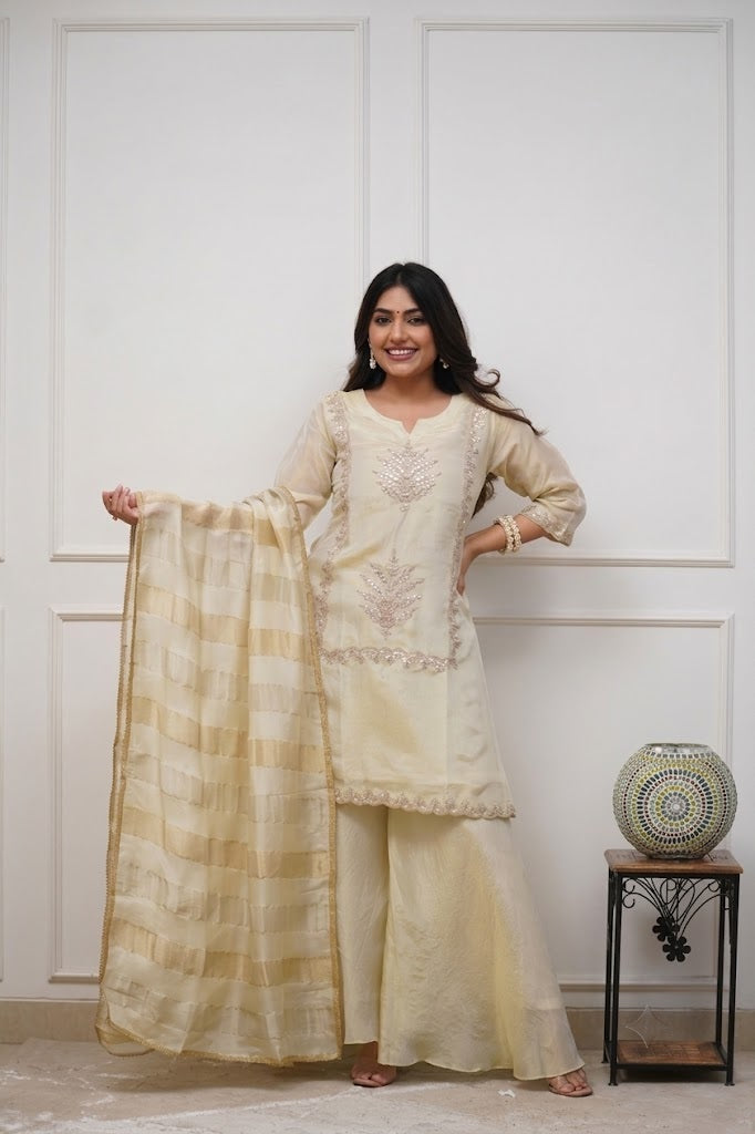 Elegant Cream Heavy Chinon Embroidered Festive Suit Set