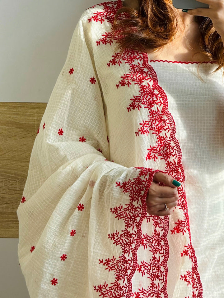 White Cotton Embroidered Kurta Set with Dupatta for Women
