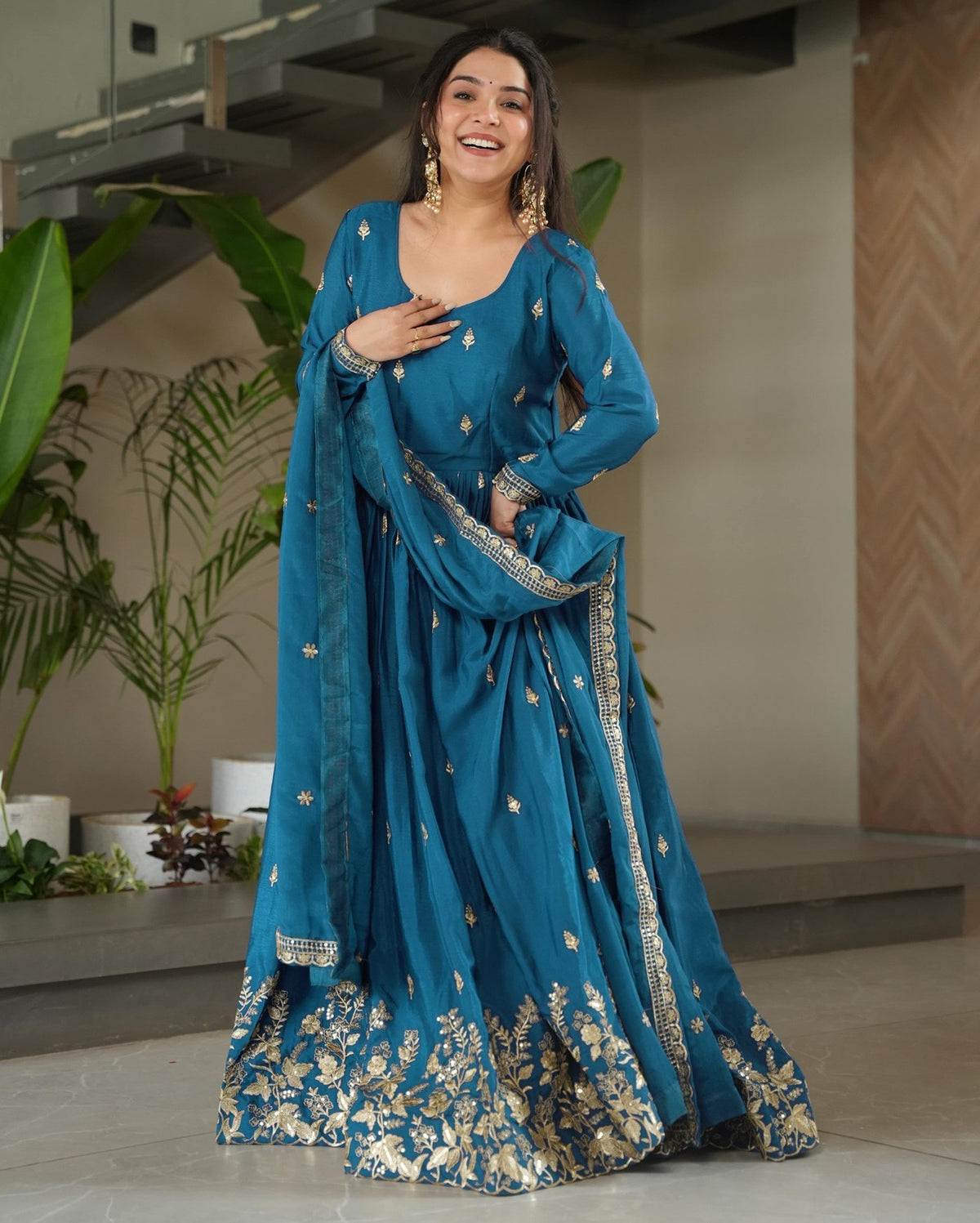 Elegant Teal Embroidered Anarkali Suit Set with Dupatta