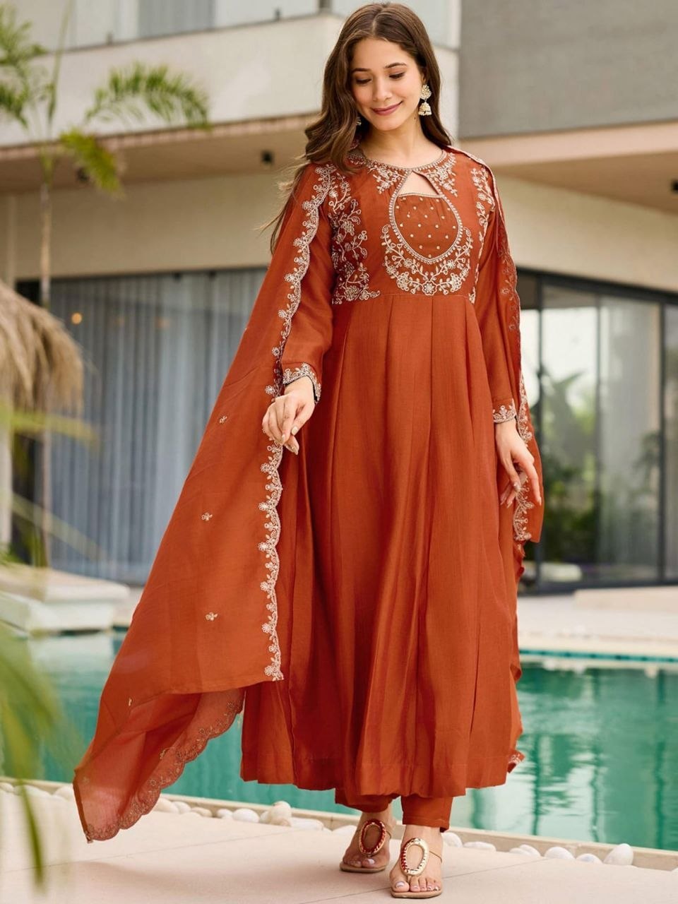 Elegant Orange Embroidered Anarkali Suit Set with Dupatta