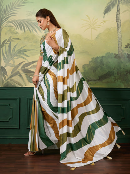 Elegant Green White Gold Striped Saree With Tassel Detailing