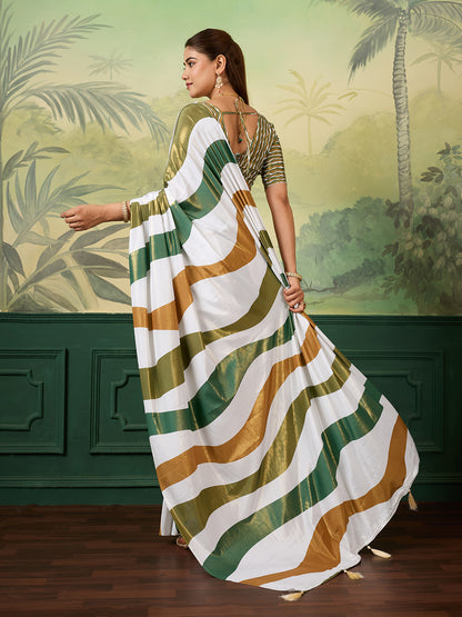 Elegant Green White Gold Striped Saree With Tassel Detailing