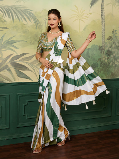 Elegant Green White Gold Striped Saree With Tassel Detailing