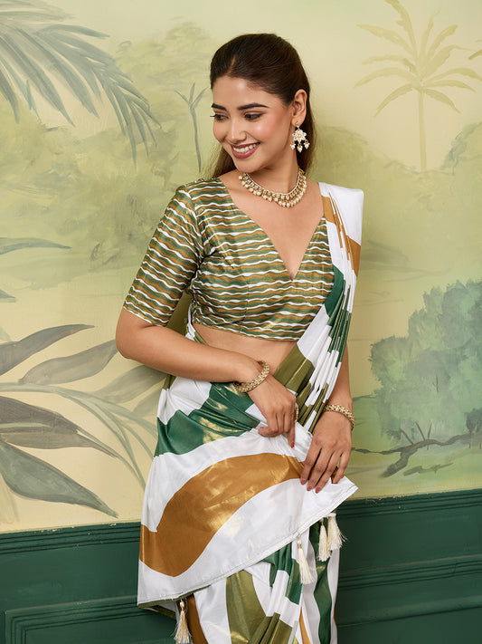 Elegant Green White Gold Striped Saree With Tassel Detailing