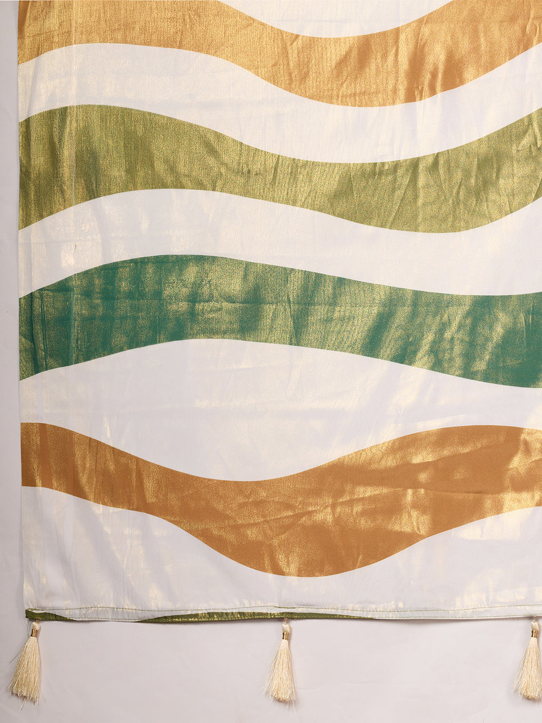Elegant Green White Gold Striped Saree With Tassel Detailing