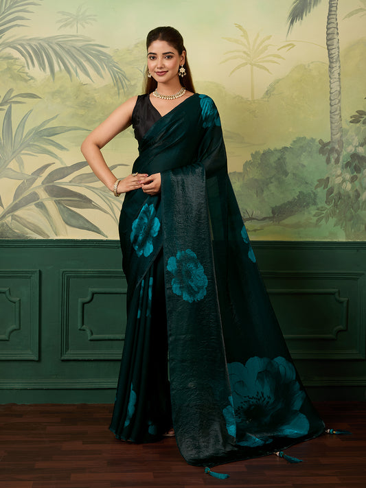 Elegant Teal Floral Printed Saree With Stylish Tassel Detailing