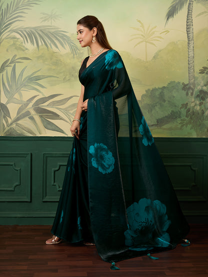 Elegant Teal Floral Printed Saree With Stylish Tassel Detailing