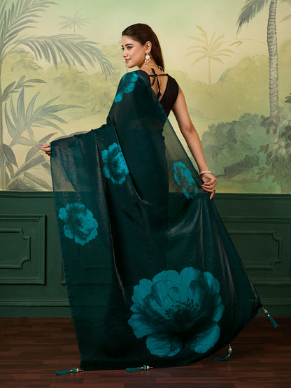 Elegant Teal Floral Printed Saree With Stylish Tassel Detailing