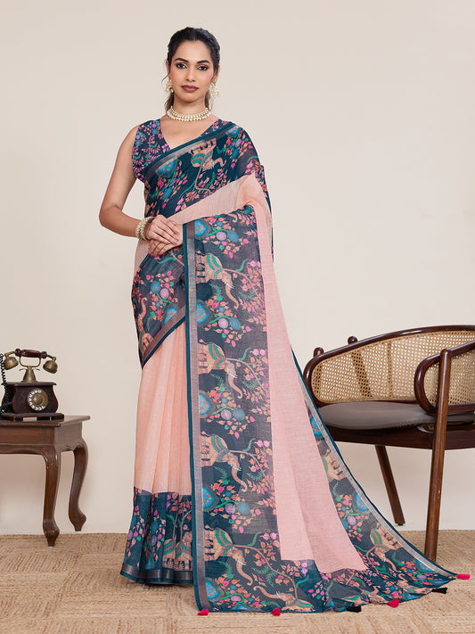Elegant Navy Peach Saree With Floral Elephant Printed Design