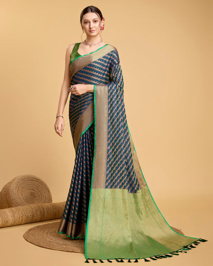Elegant Blue Green Traditional Saree with Woven Border Design