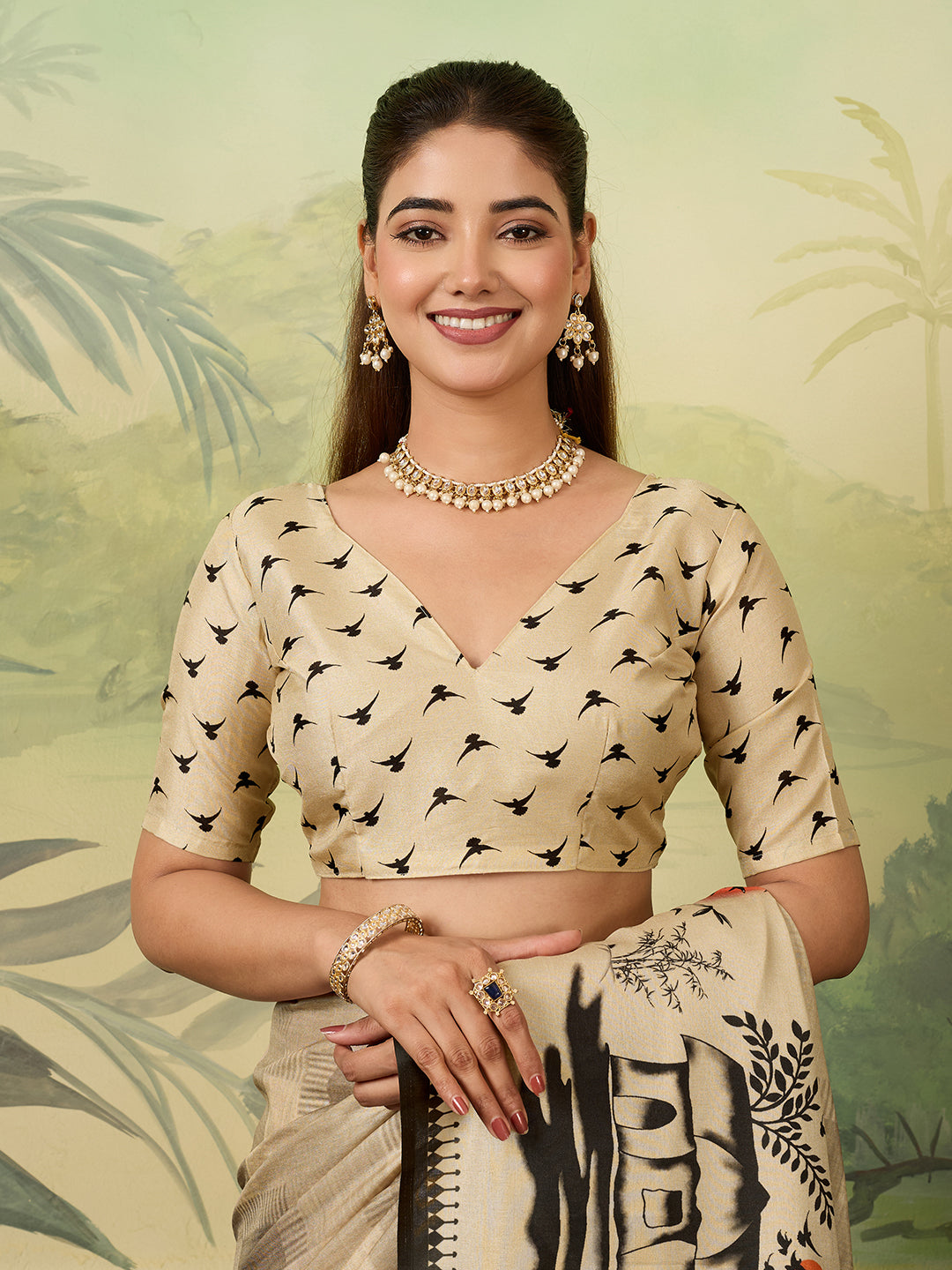 Elegant Beige Printed Saree with Artistic Traditional Motifs