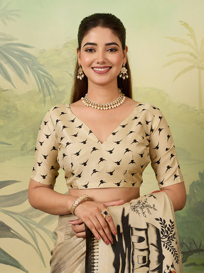 Elegant Beige Printed Saree with Artistic Traditional Motifs