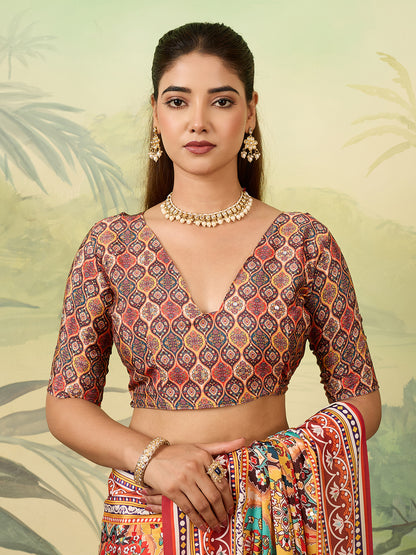 Multicolor Traditional Printed Saree with Ethnic Floral Design