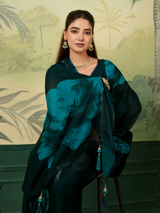 Elegant Teal Floral Printed Saree With Stylish Tassel Detailing