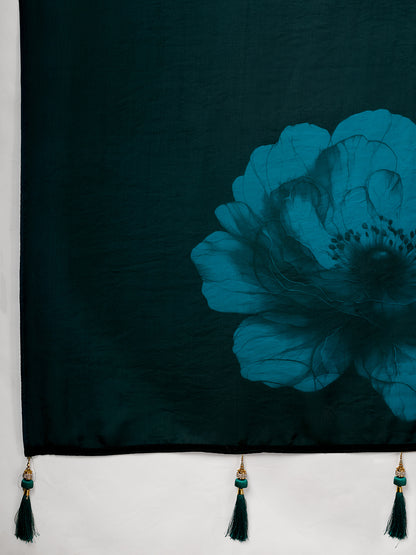 Elegant Teal Floral Printed Saree With Stylish Tassel Detailing