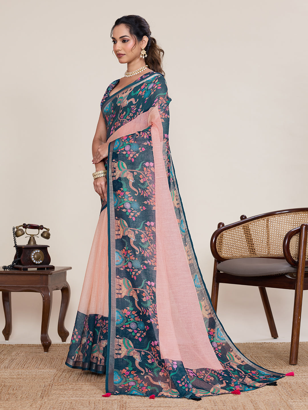 Elegant Navy Peach Saree With Floral Elephant Printed Design