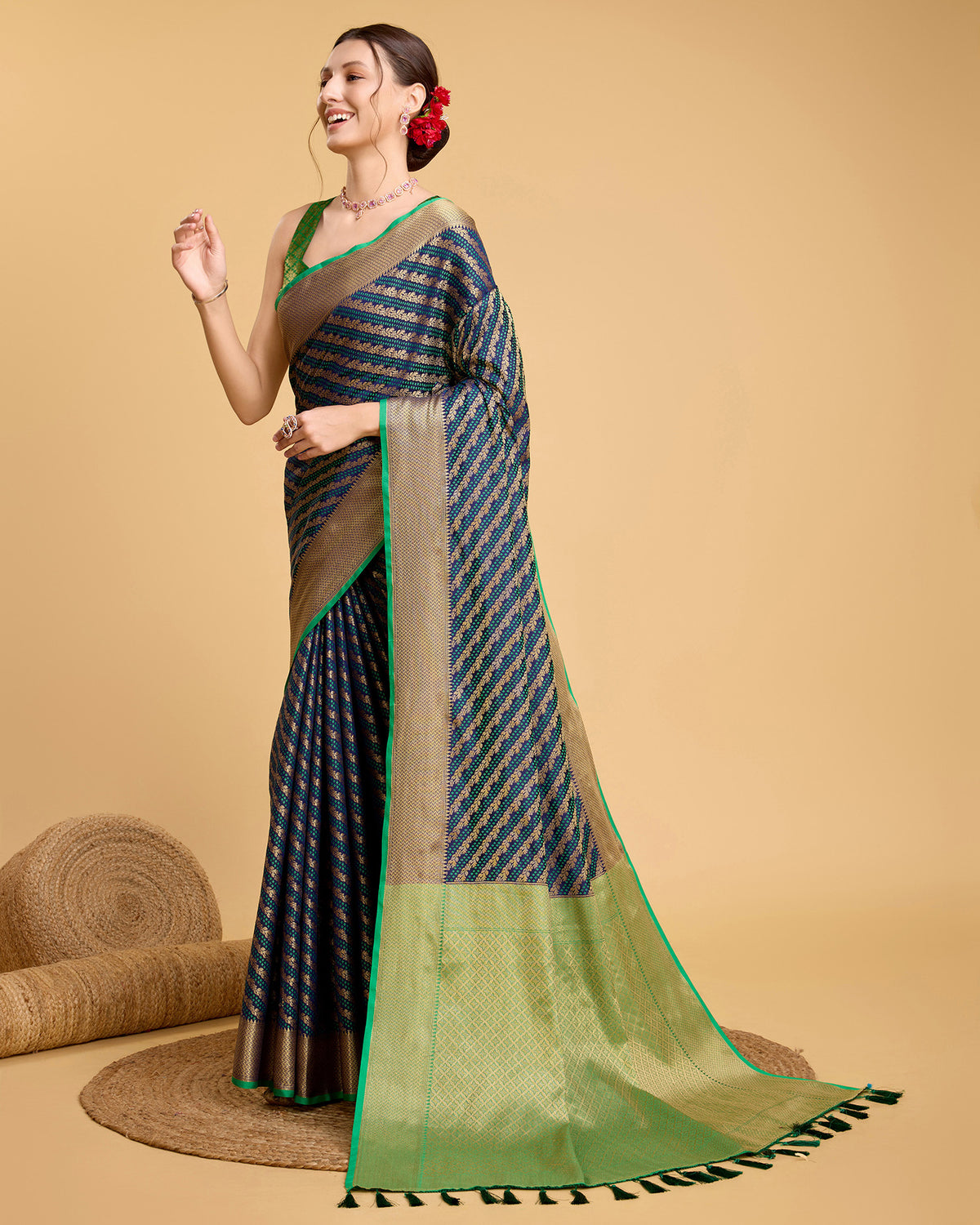 Elegant Blue Green Traditional Saree with Woven Border Design