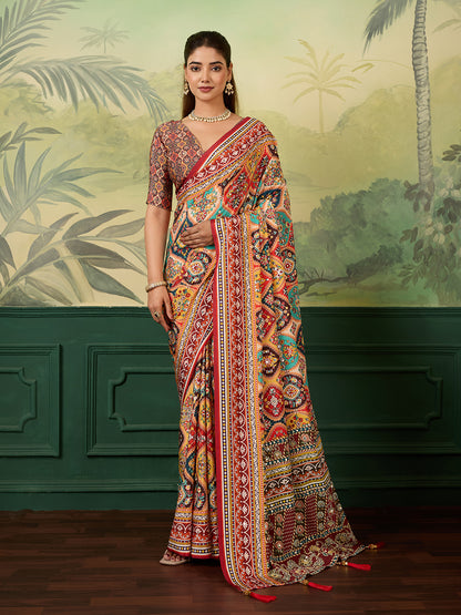 Multicolor Traditional Printed Saree with Ethnic Floral Design