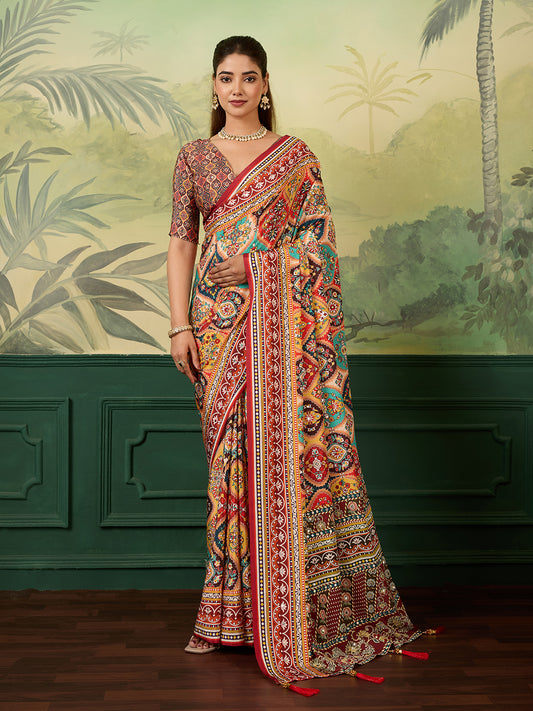 Multicolor Traditional Printed Saree with Ethnic Floral Design