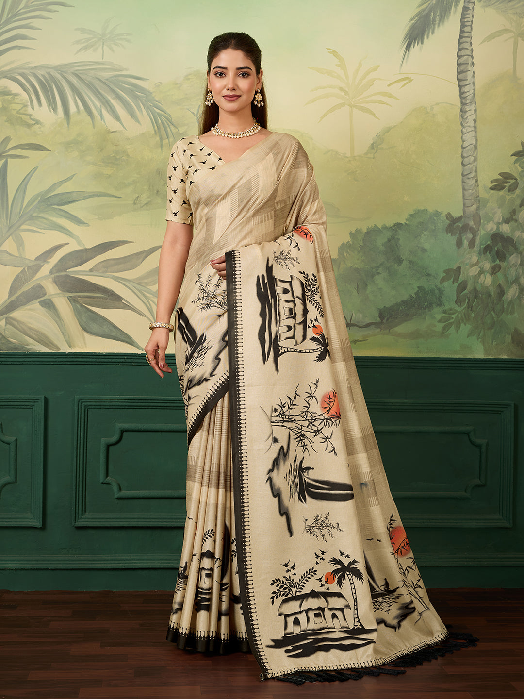 Elegant Beige Printed Saree with Artistic Traditional Motifs