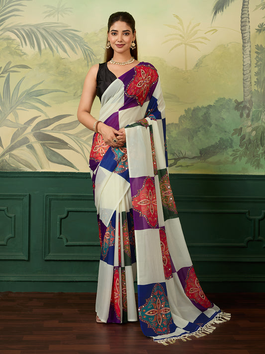 White Printed Designer Saree With Colorful Traditional Motifs