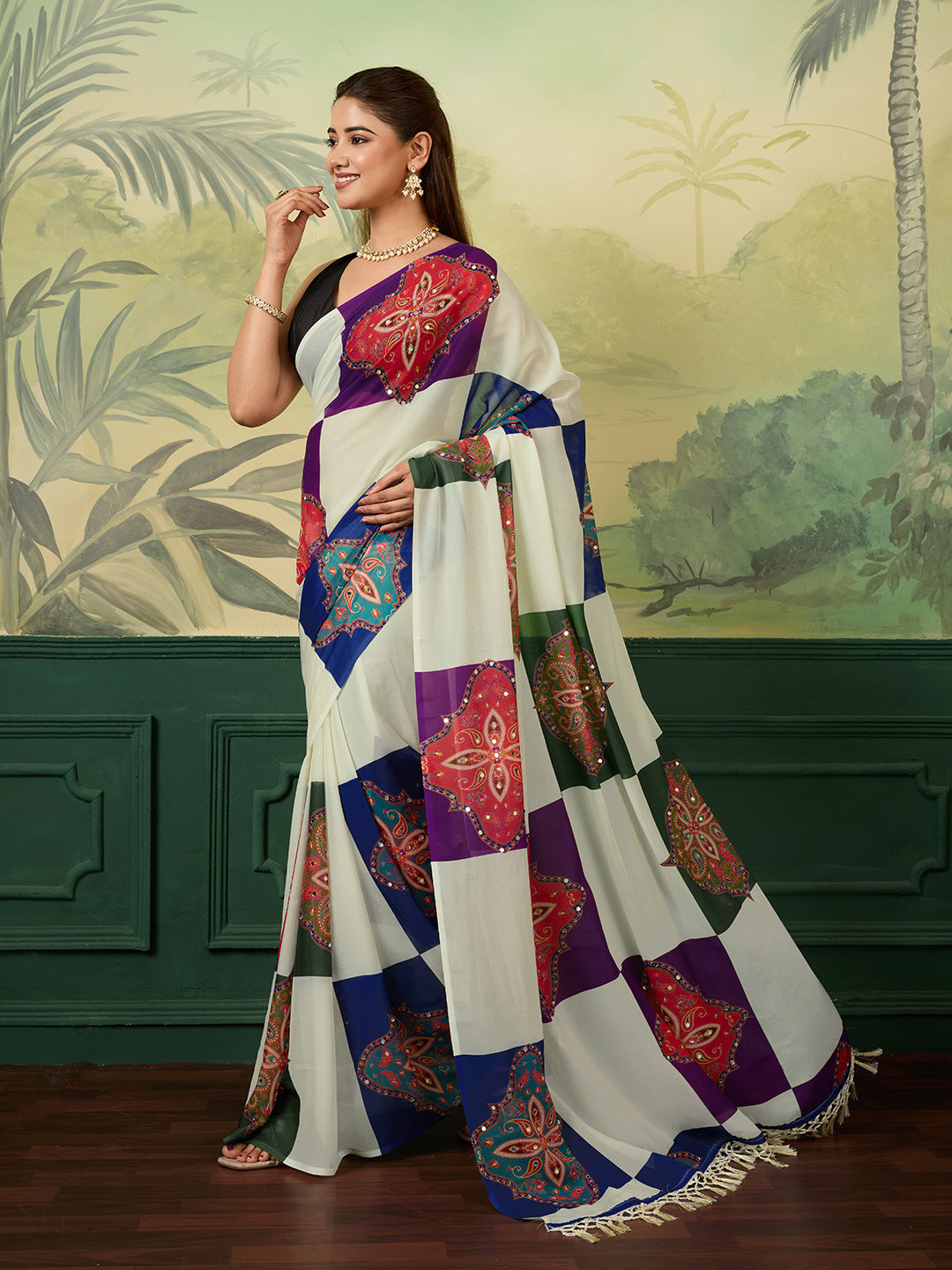 White Printed Designer Saree With Colorful Traditional Motifs