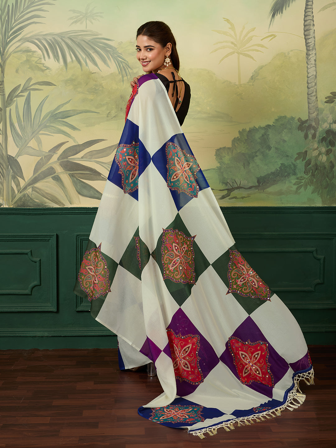 White Printed Designer Saree With Colorful Traditional Motifs