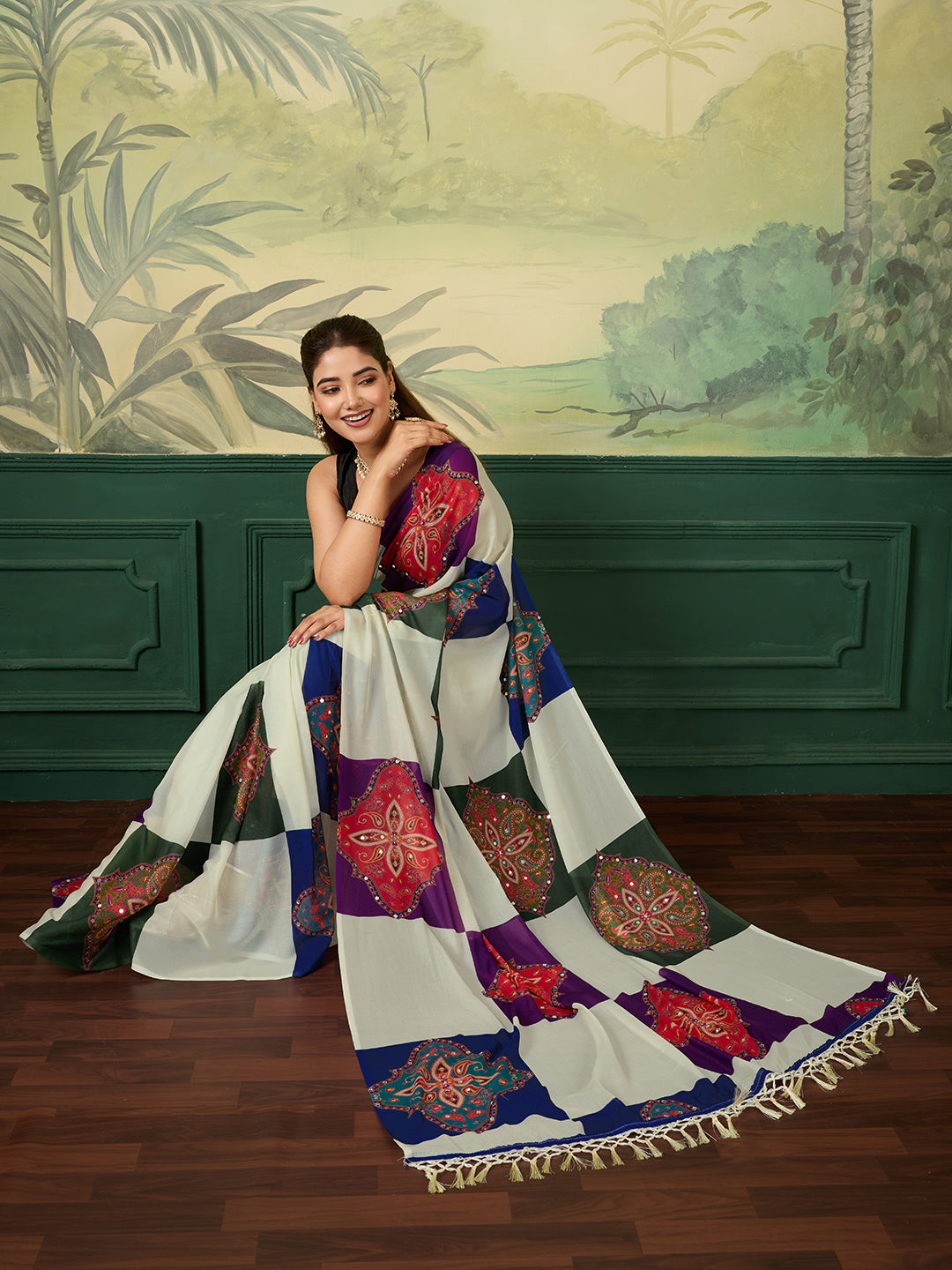 White Printed Designer Saree With Colorful Traditional Motifs