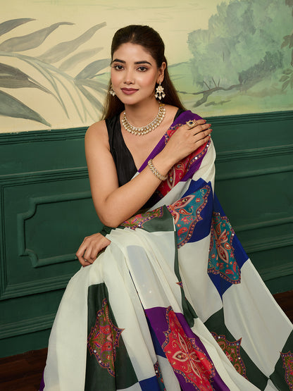 White Printed Designer Saree With Colorful Traditional Motifs