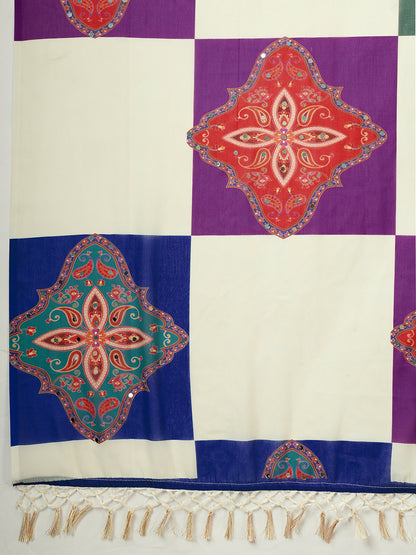 White Printed Designer Saree With Colorful Traditional Motifs