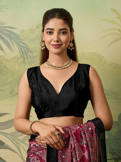 Elegant Maroon Black Printed Traditional Saree for Women