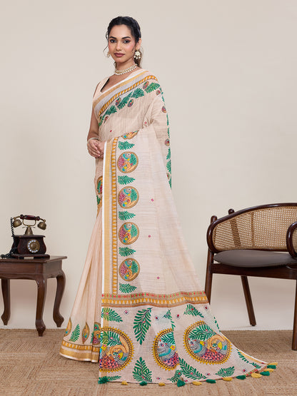 Elegant Cream Printed Saree with Traditional Peacock Motifs