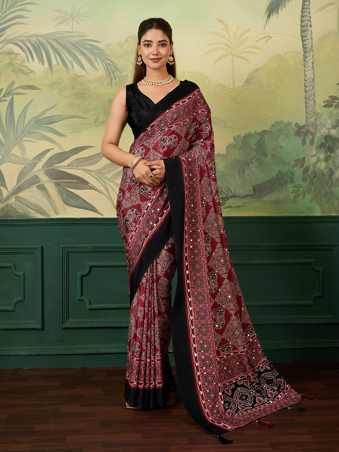 Elegant Maroon Black Printed Traditional Saree for Women