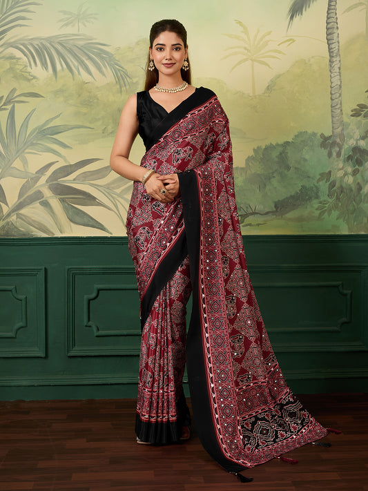 Elegant Maroon Black Printed Traditional Saree for Women